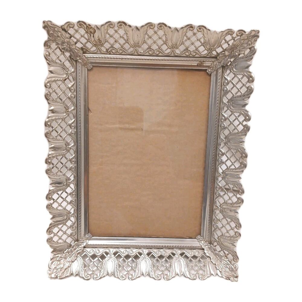 60s Ornate Filigree Silver Metal Picture Frame 8.5"x7" Edwardian Granny w Stand